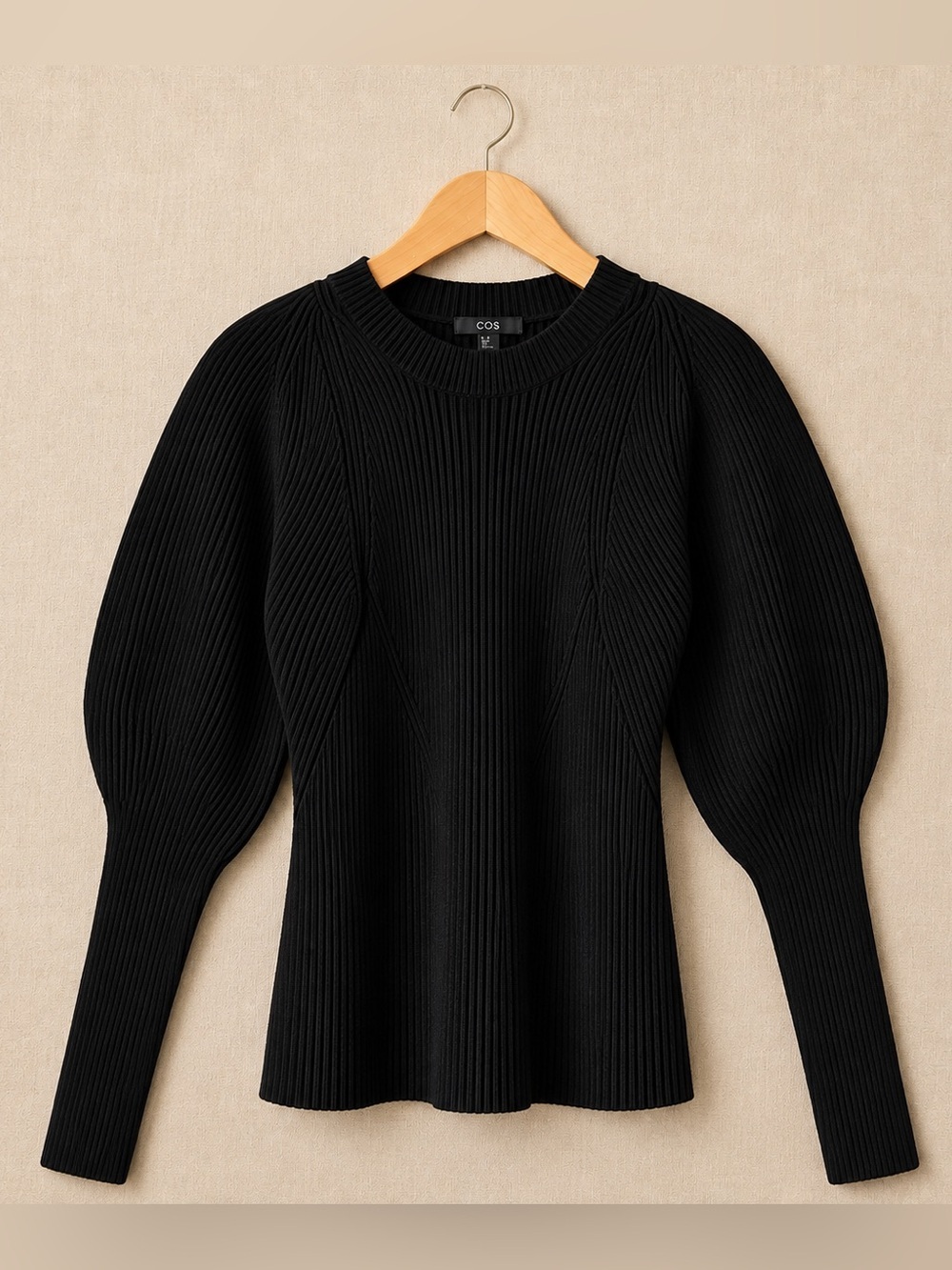 COS Black Wool Blend Ribbed Sculptural Puff Sleeve Sweater XS